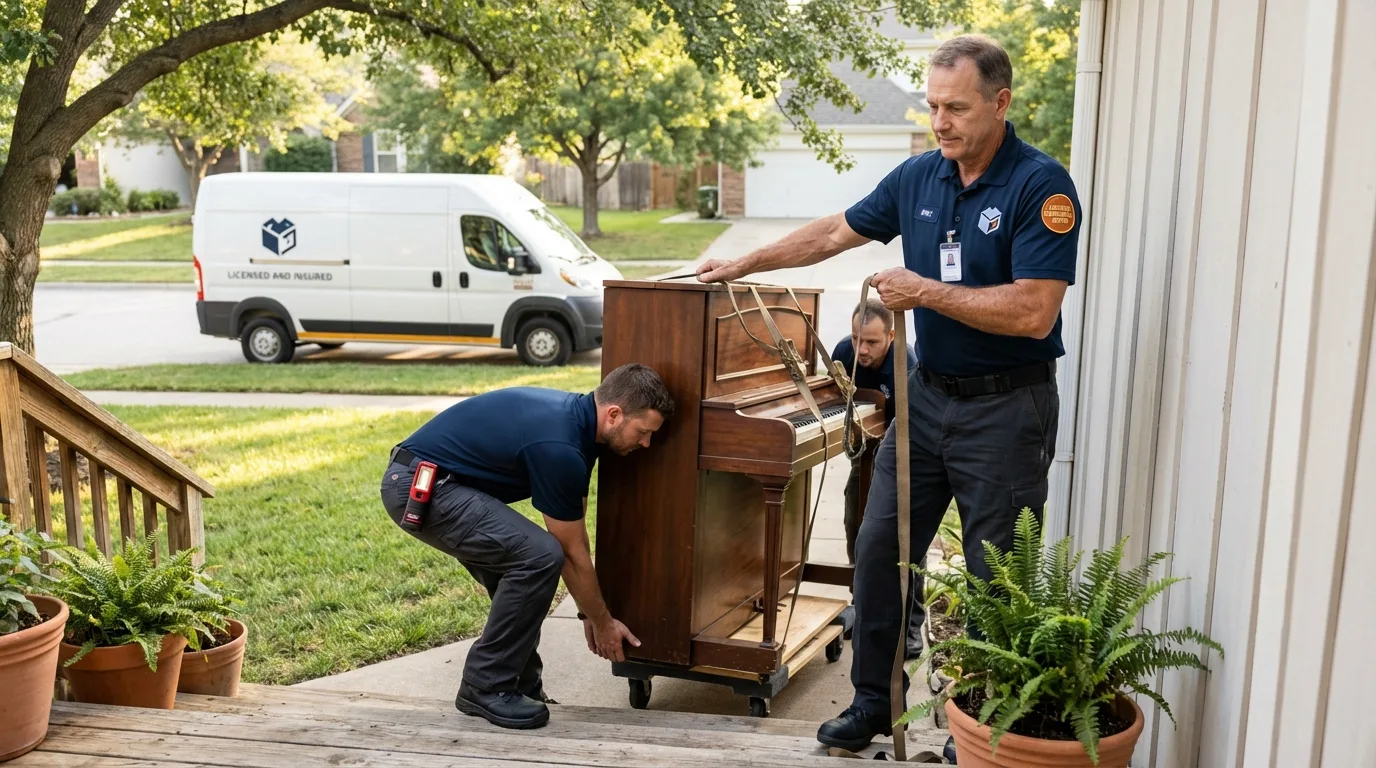 Licensed piano movers securing grand piano in Claysburg, PA