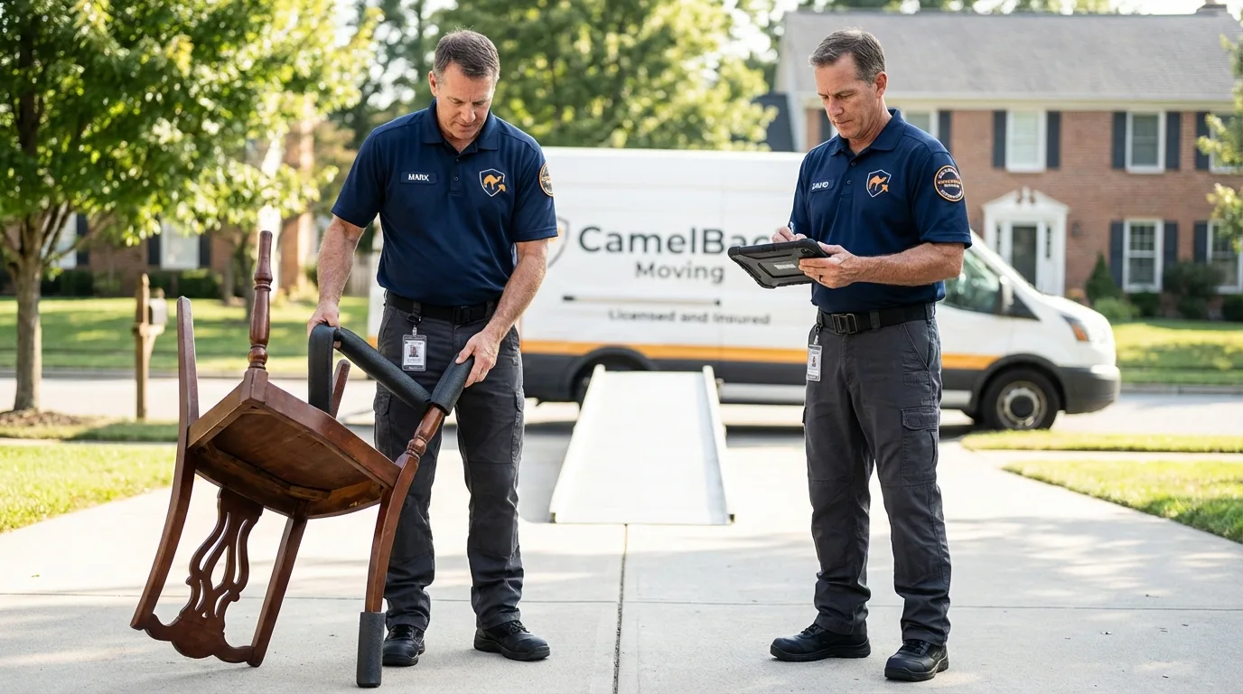Movers inspecting furniture for damage prevention before loading in Claysburg, PA
