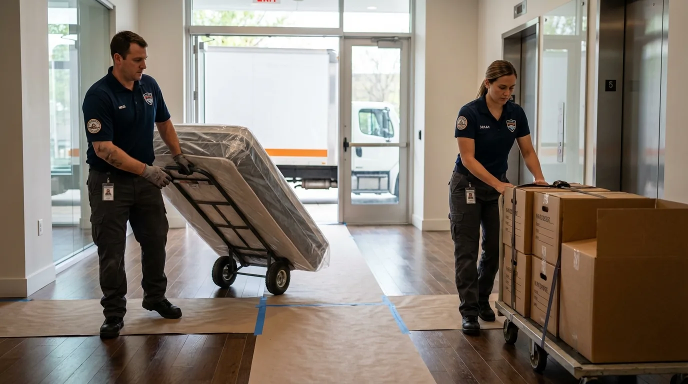 Professional apartment movers loading elevator in Claysburg, PA
