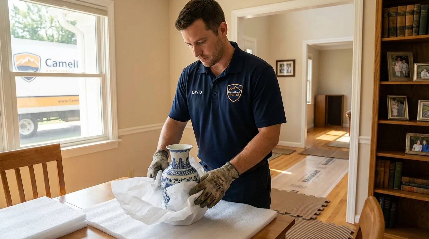 Professional crew carefully wrapping antique vase for senior downsizing move in Claysburg, PA
